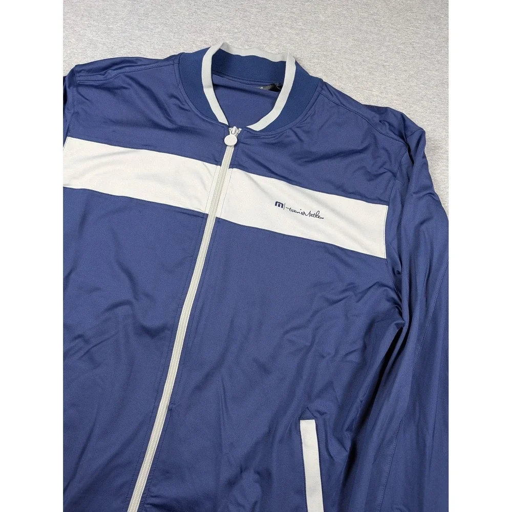 Travis Mathew Track Jacket Mens 2XL Blue White Full Zip Colorblock Golf Nylon