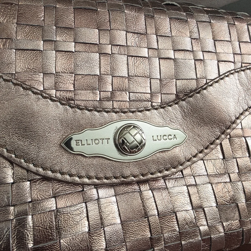 Elliott Lucca Woven Wristlet Clutch Pink Rose Gold Metallic Leather Bag