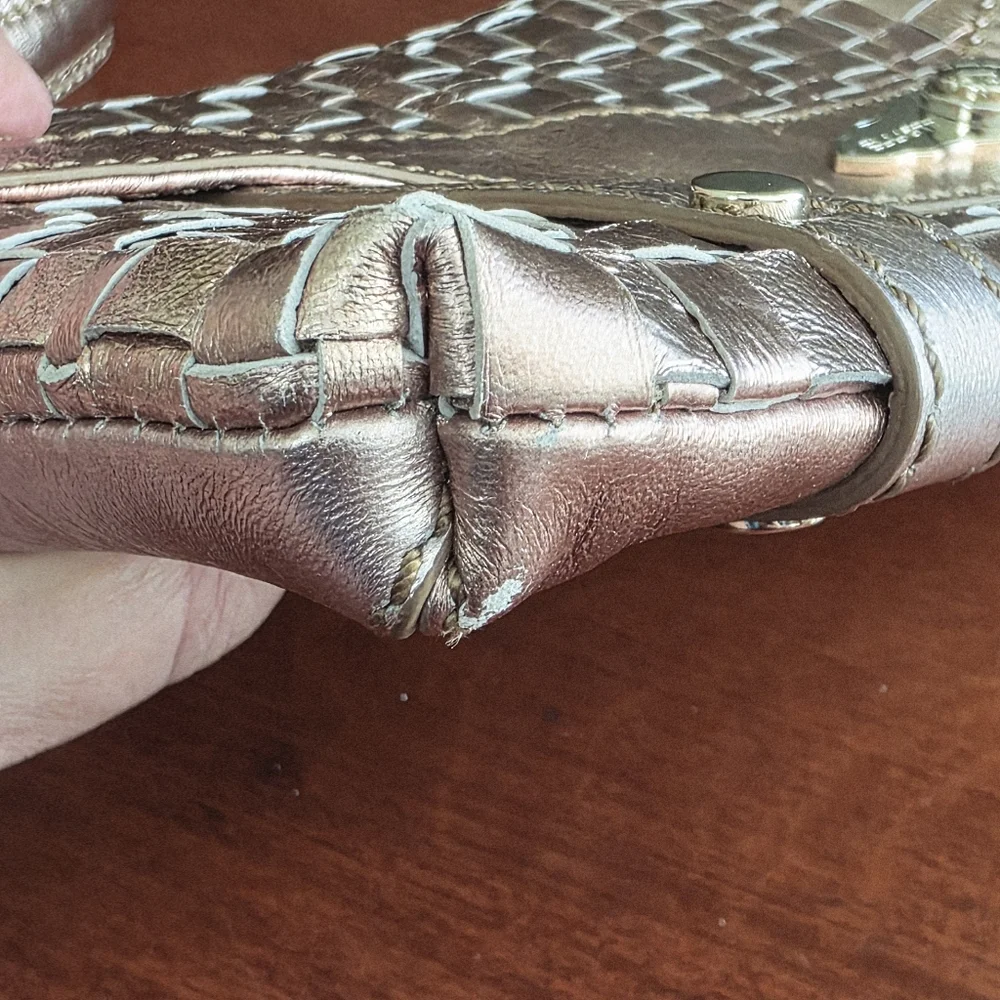 Elliott Lucca Woven Wristlet Clutch Pink Rose Gold Metallic Leather Bag