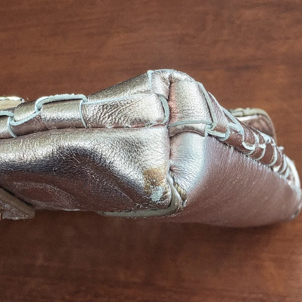 Elliott Lucca Woven Wristlet Clutch Pink Rose Gold Metallic Leather Bag