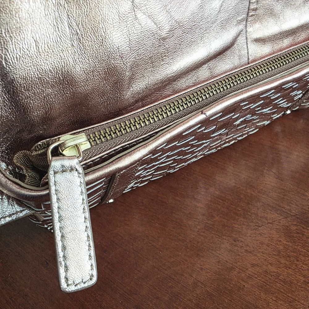 Elliott Lucca Woven Wristlet Clutch Pink Rose Gold Metallic Leather Bag