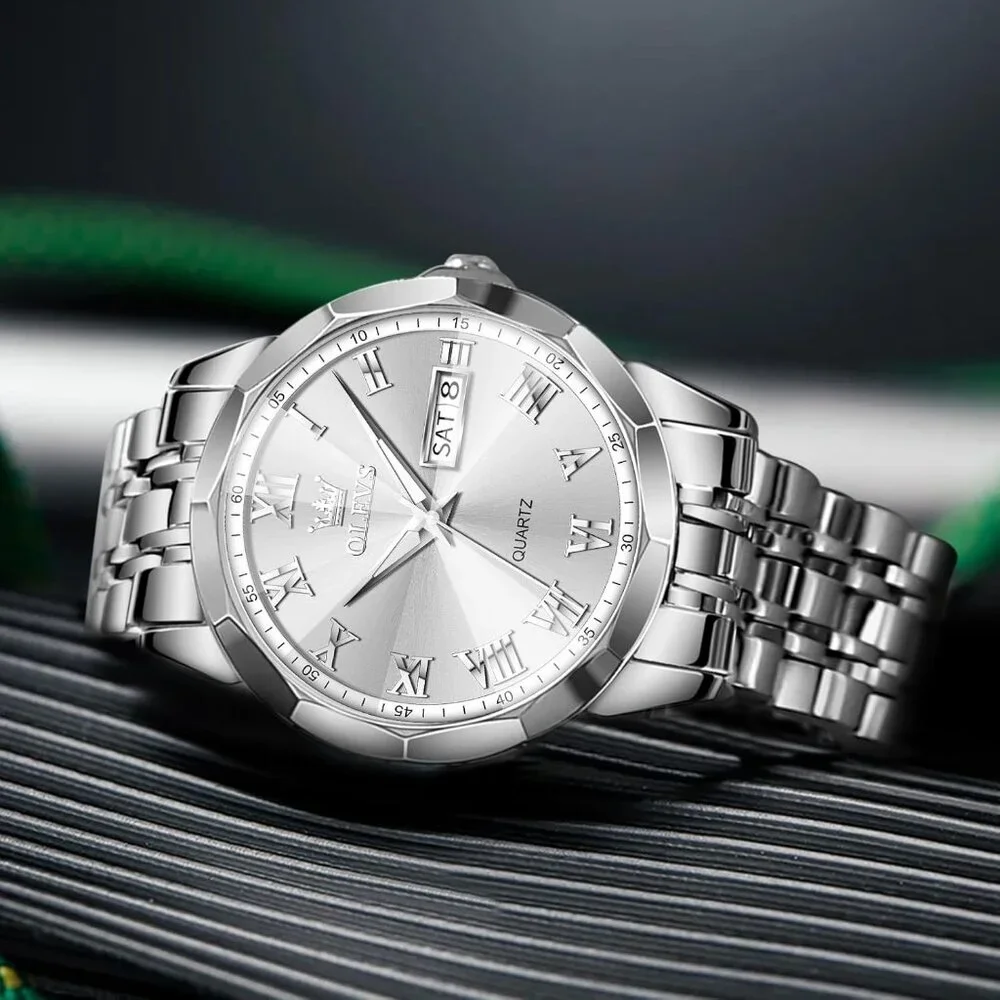 Olevs Men's Silver Steel Stain Waterproof Stainless Luminous Stylish Wrist Watch
