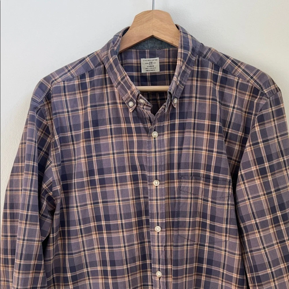 J. Crew Navy and Tan Plaid Casual Shirt Large