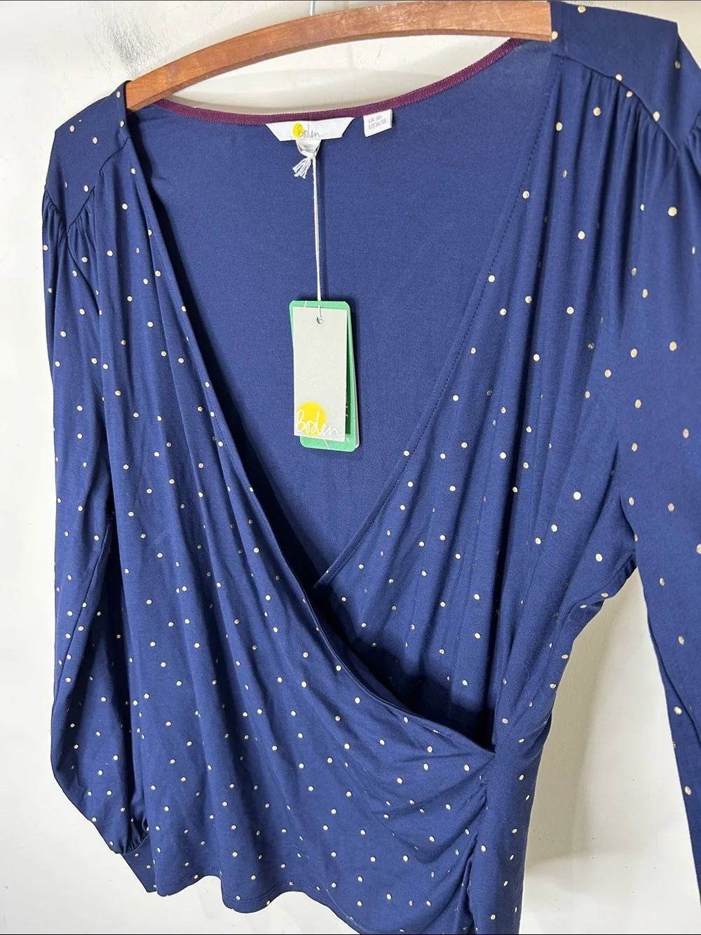 NWT BODEN Blouson Wrap Top Navy blue Gold Polka Dot Size 16/18
