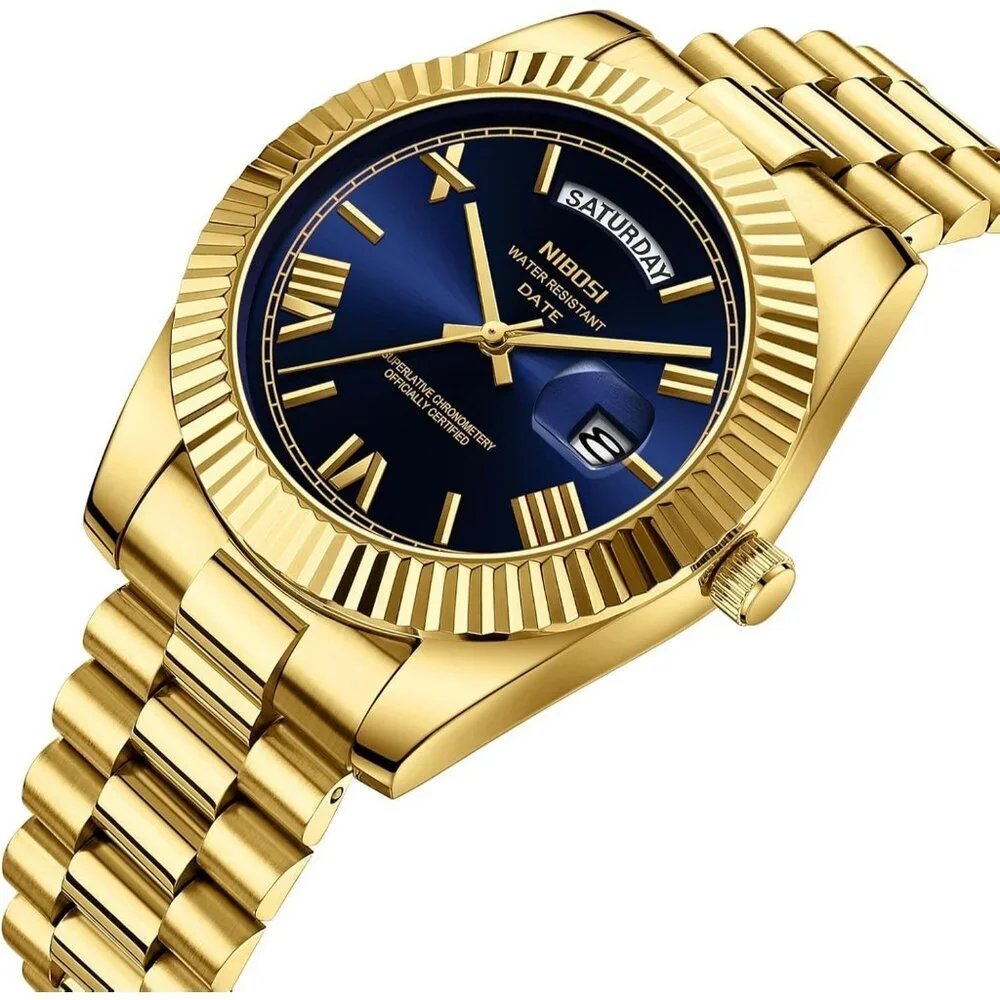 Men's Gold Blue Stainless Steel Analog Classic Design Stylish Wrist Dress Watch