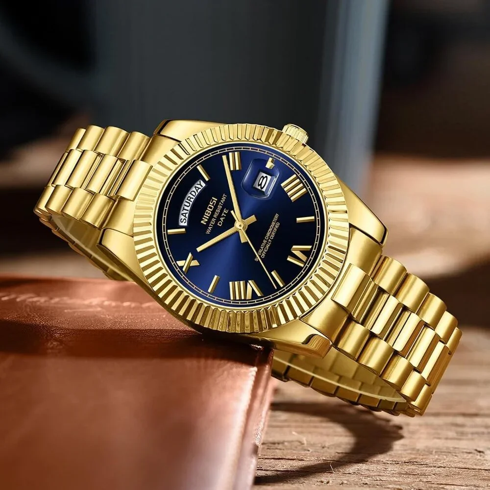 Men's Gold Blue Stainless Steel Analog Classic Design Stylish Wrist Dress Watch