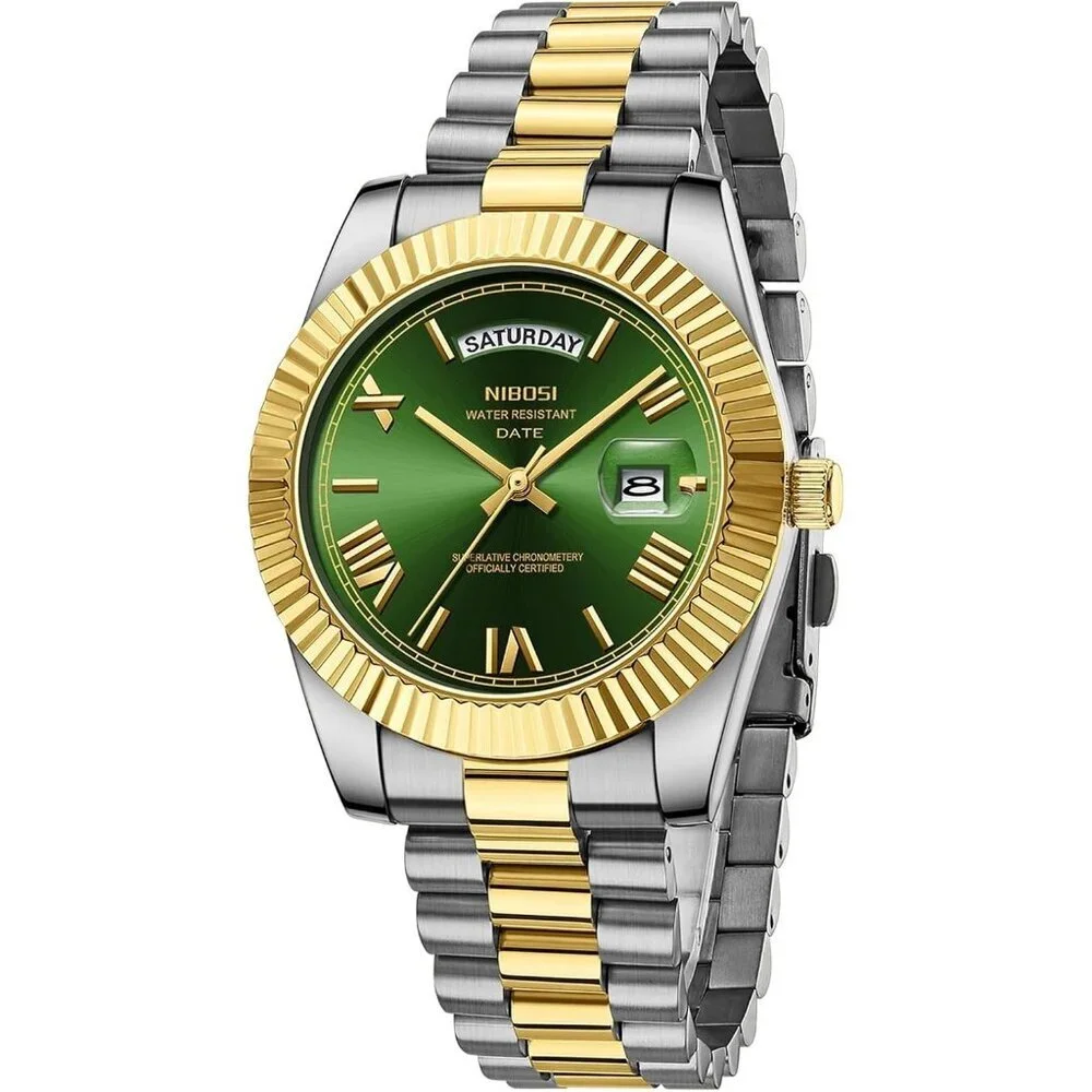 Men's Gold Silver Green Stain Steel Analog Classic Design Stylish Wrist Watch