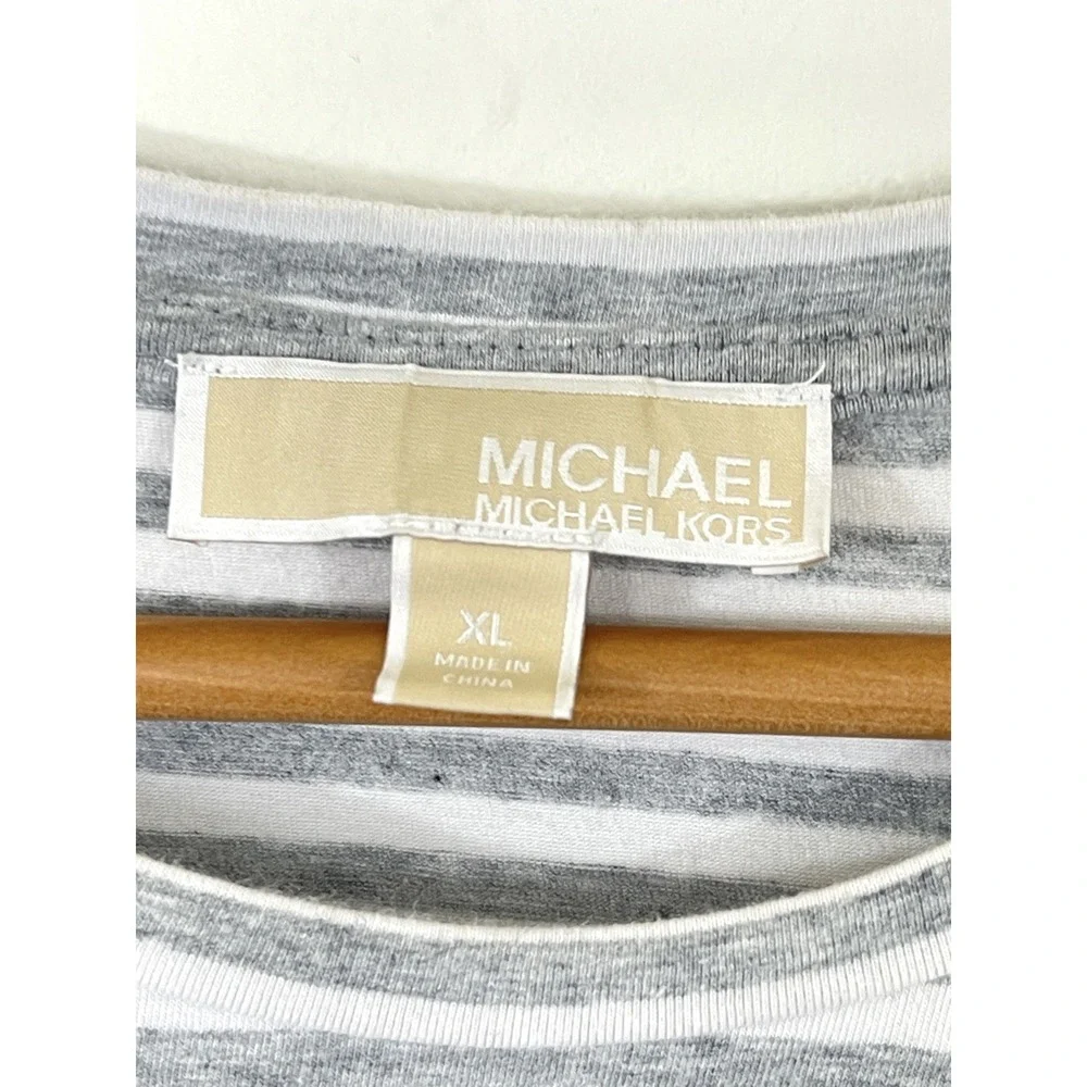 Michael Kors Womens Striped Ruffle Sleeve Mini Dress Size XL Grey White Casual