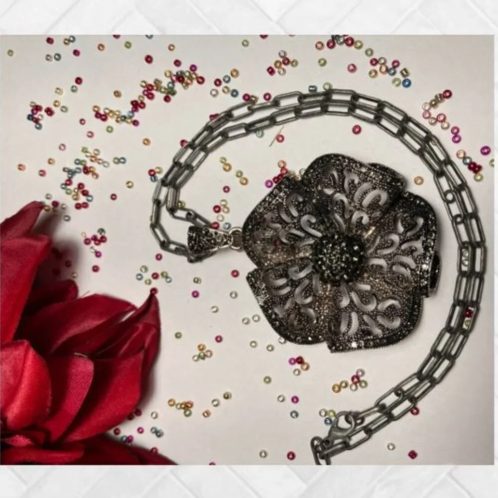Handcrafted Oxidized Silver Filigree Flower Pendant and 18