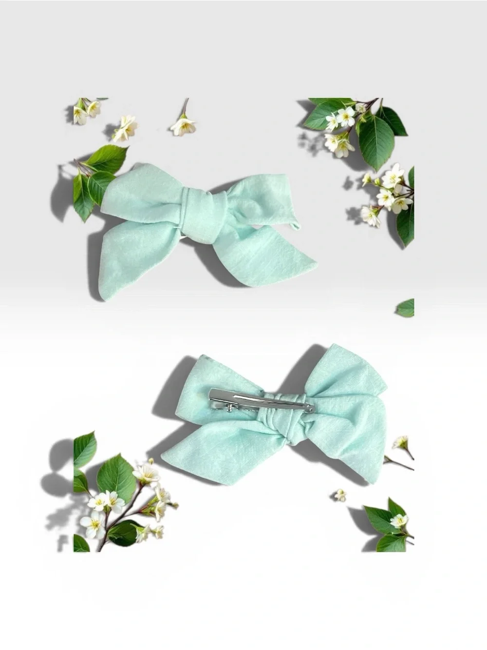 Set of 2 Mint Green Linen Hair Bows Cottagecore Classic Alligator Clips