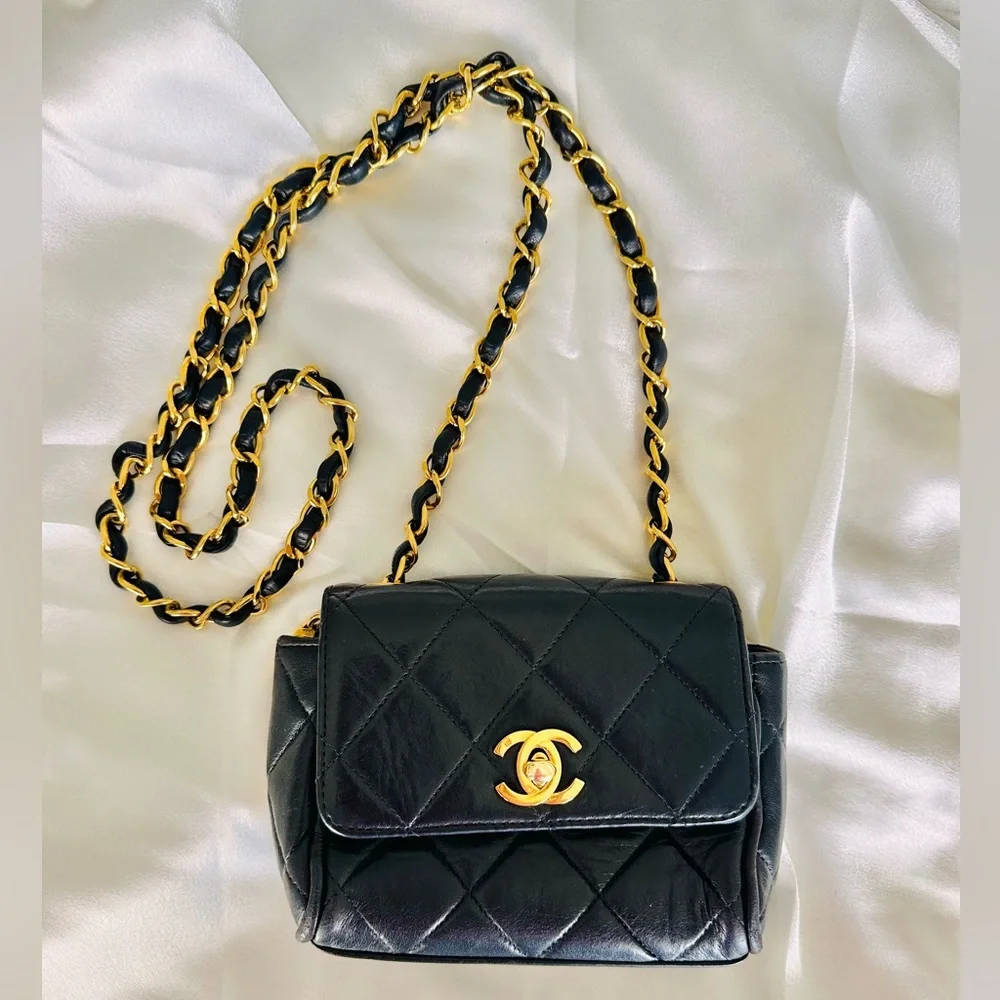 Chanel 1994 Mini Black Quilted Crossbody with Gold Chain