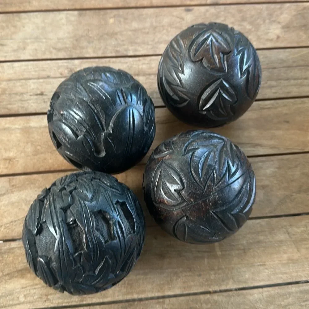 Pier 1 Wooden Hand Carved Set of 4 Decorative Balls