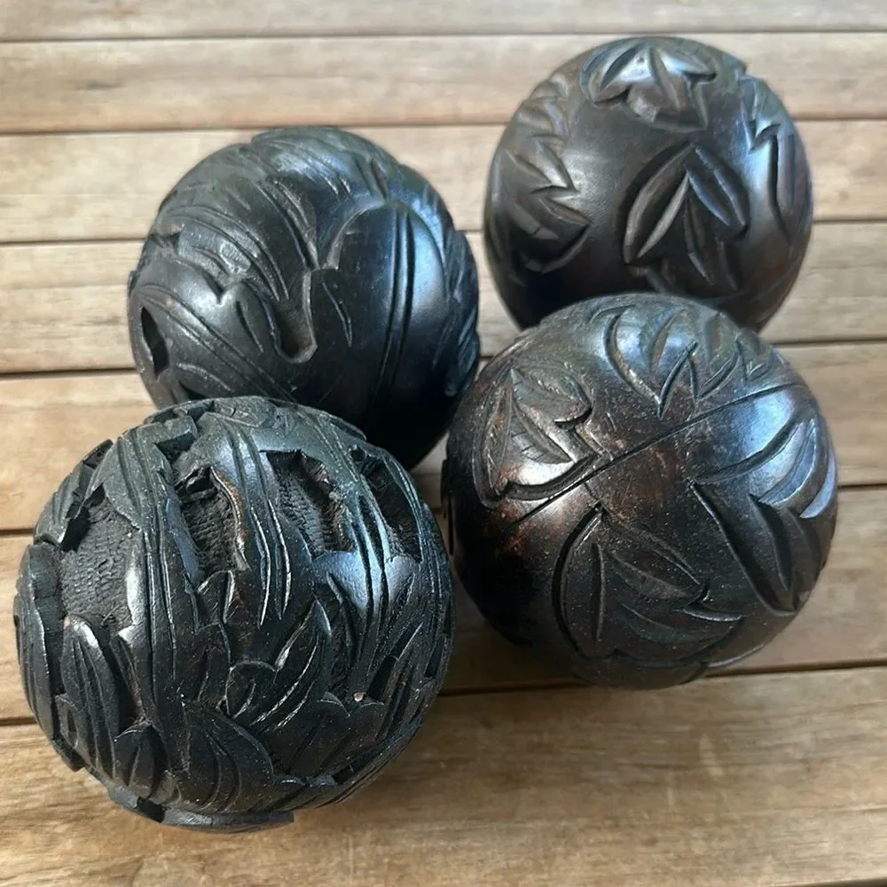 Pier 1 Wooden Hand Carved Set of 4 Decorative Balls