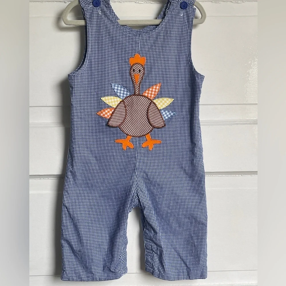 Funtasia Too Reversible 12mo Blue Checkered Overalls w/ Pumpkins & Turkey Design