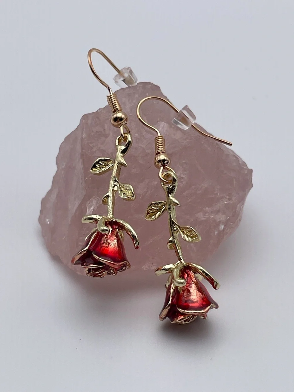 Gold Red Rose Drop Earrings