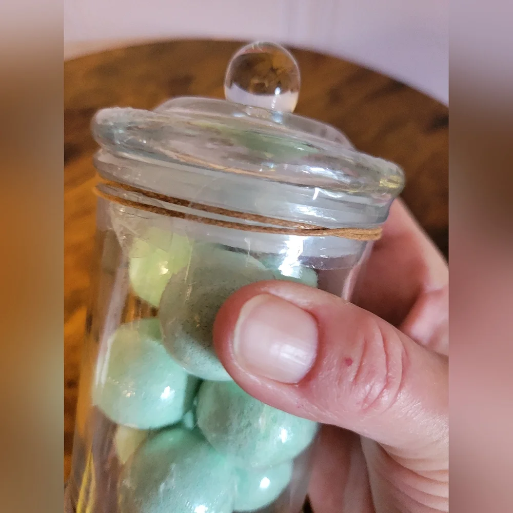 Rae Dunn Glass Bathe Jar/lid with eucaluptus Bath Bombs-sea foam green