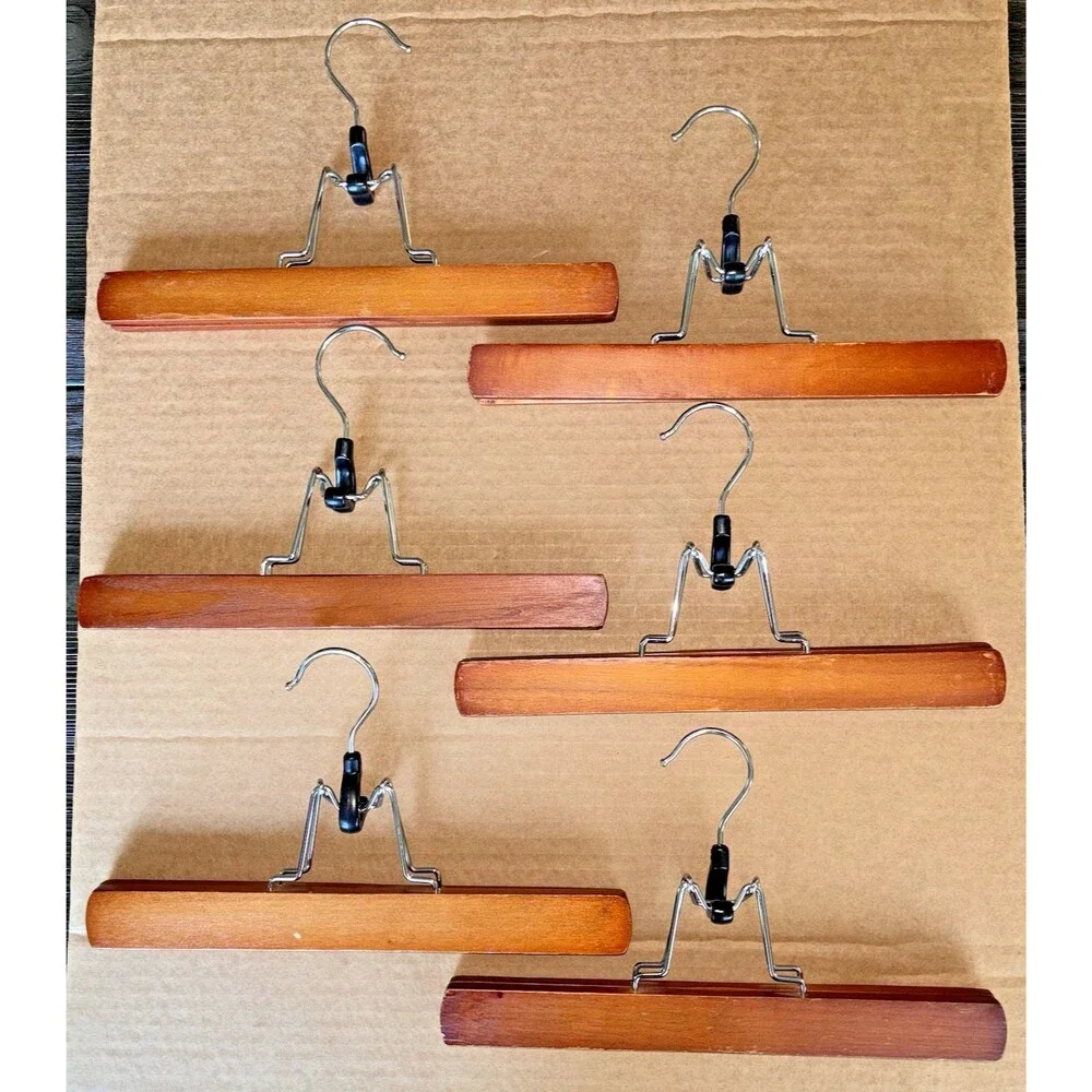 Wooden Hangers Clamp Lot of 6 Lined Pants Dress Skirts Vintage