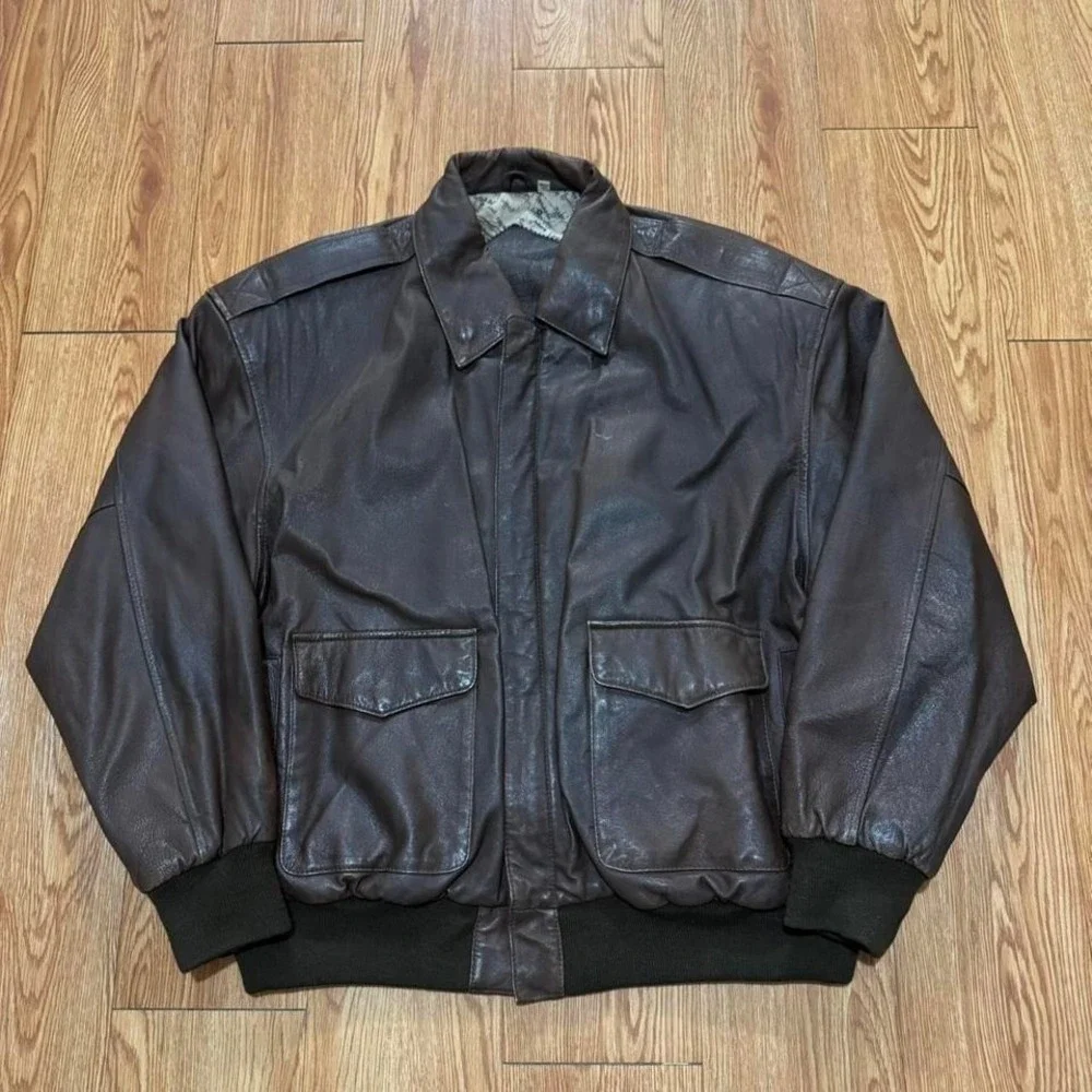 Preston & York Men's Jacket Pig Skin Leather‎ Flight Brown Full Zip Size XL