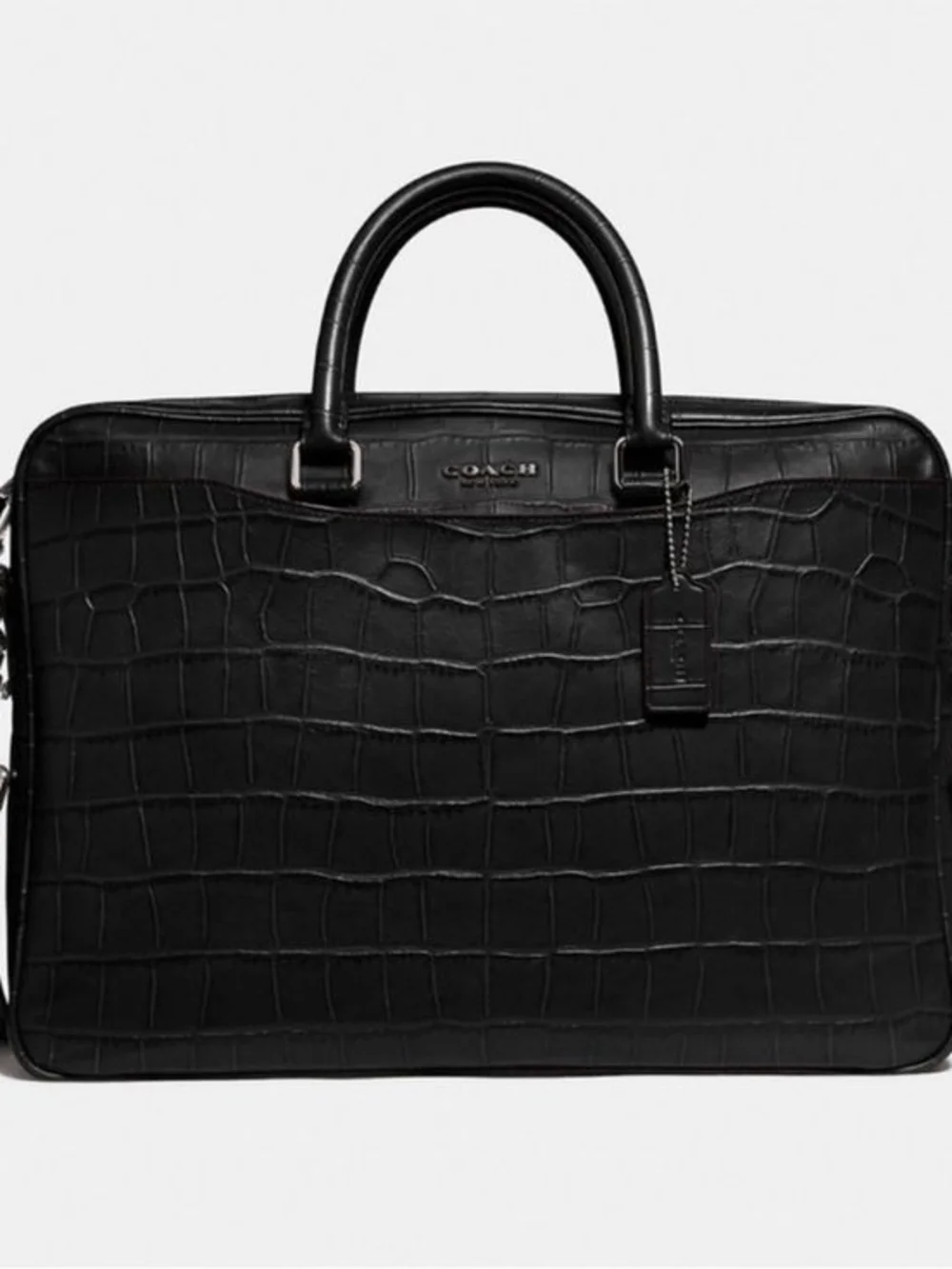 Coach Black Croc-Embossed Leather Briefcase with Top Handles