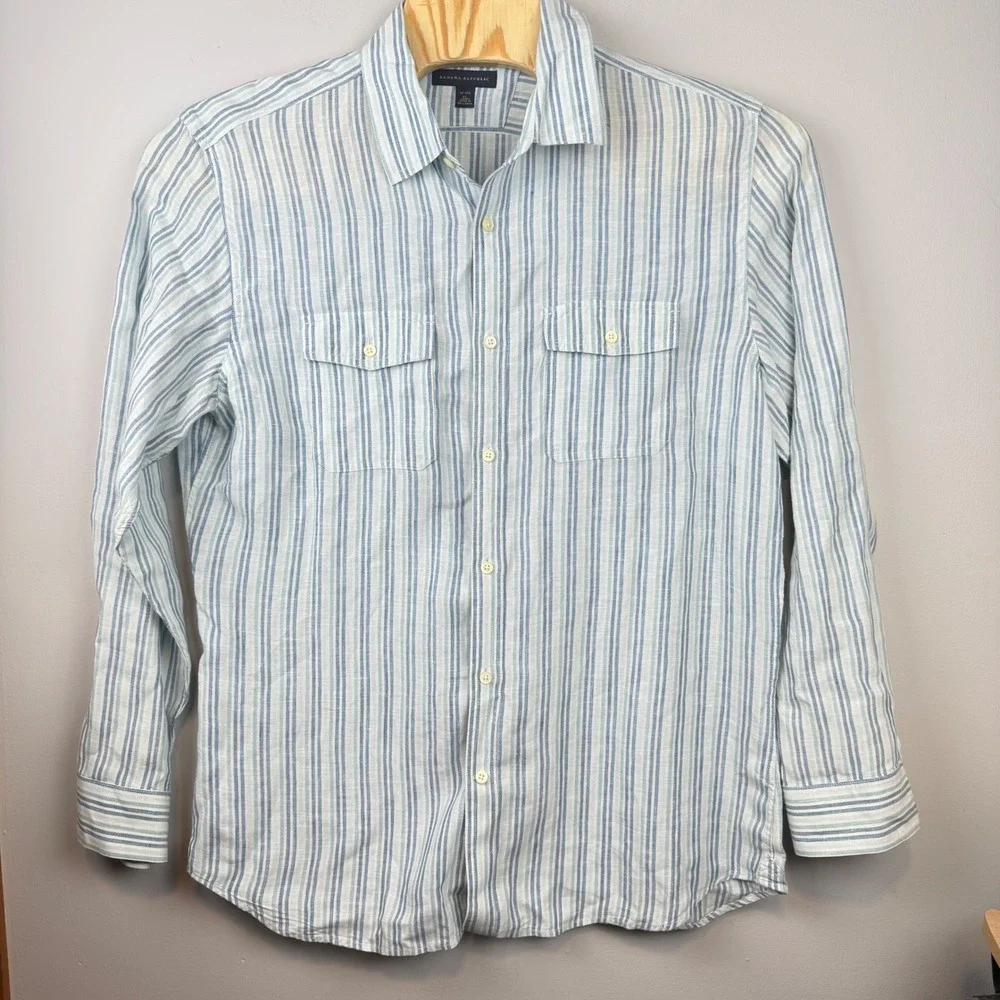Banana Republic Mens Linen Button Down Shirt XL Blue Striped Coastal Nautical