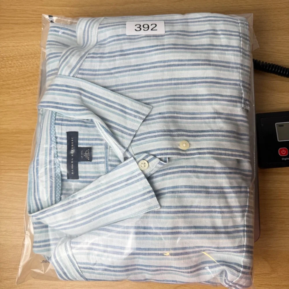 Banana Republic Mens Linen Button Down Shirt XL Blue Striped Coastal Nautical