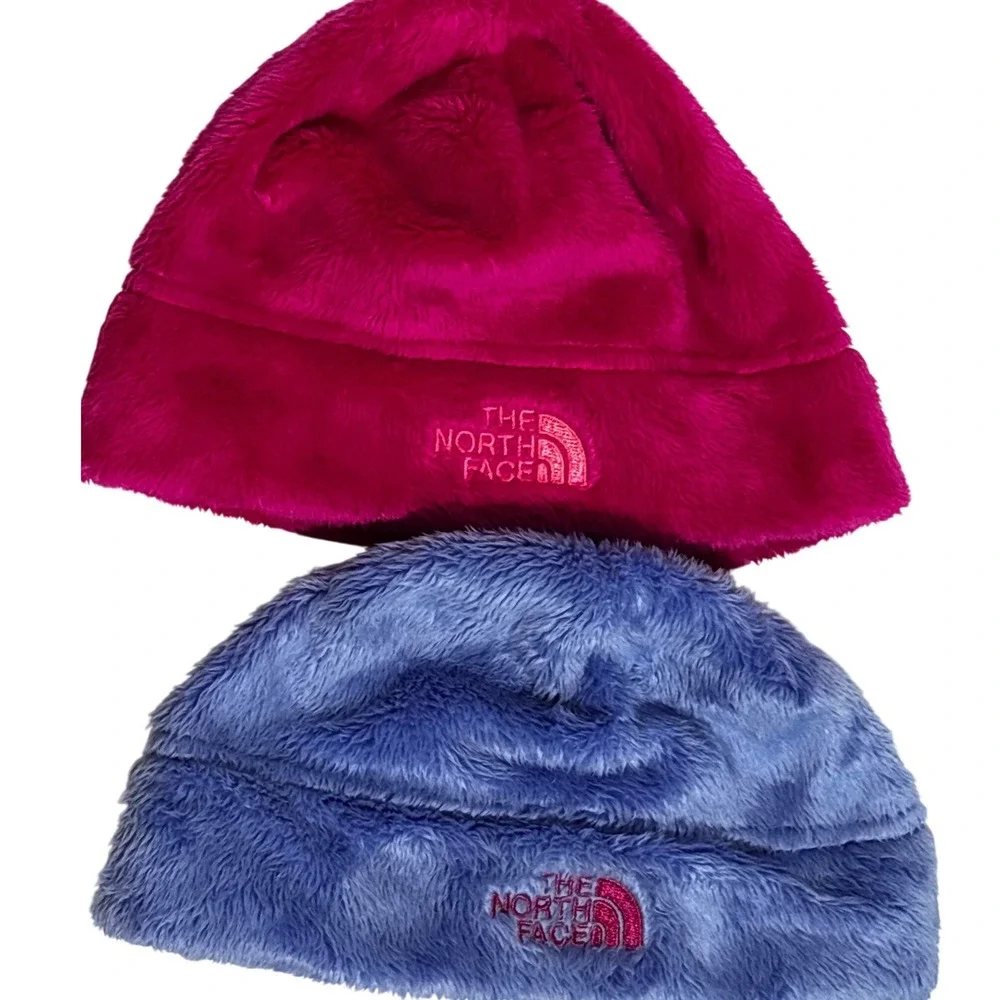 Two The North Face Infant Osito Fleece Beanie Hats Bundle Pink & Blue 6-24M OS