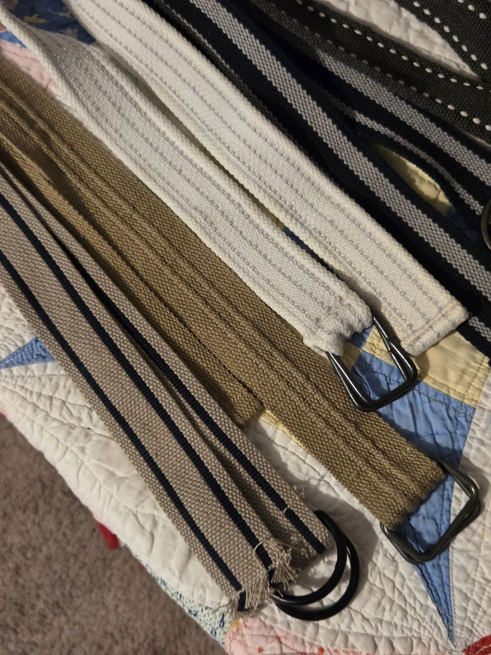 Assorted Fabric D-Ring Belts - Blue, Black, White, Tan Set Of 7 One Says Size 6