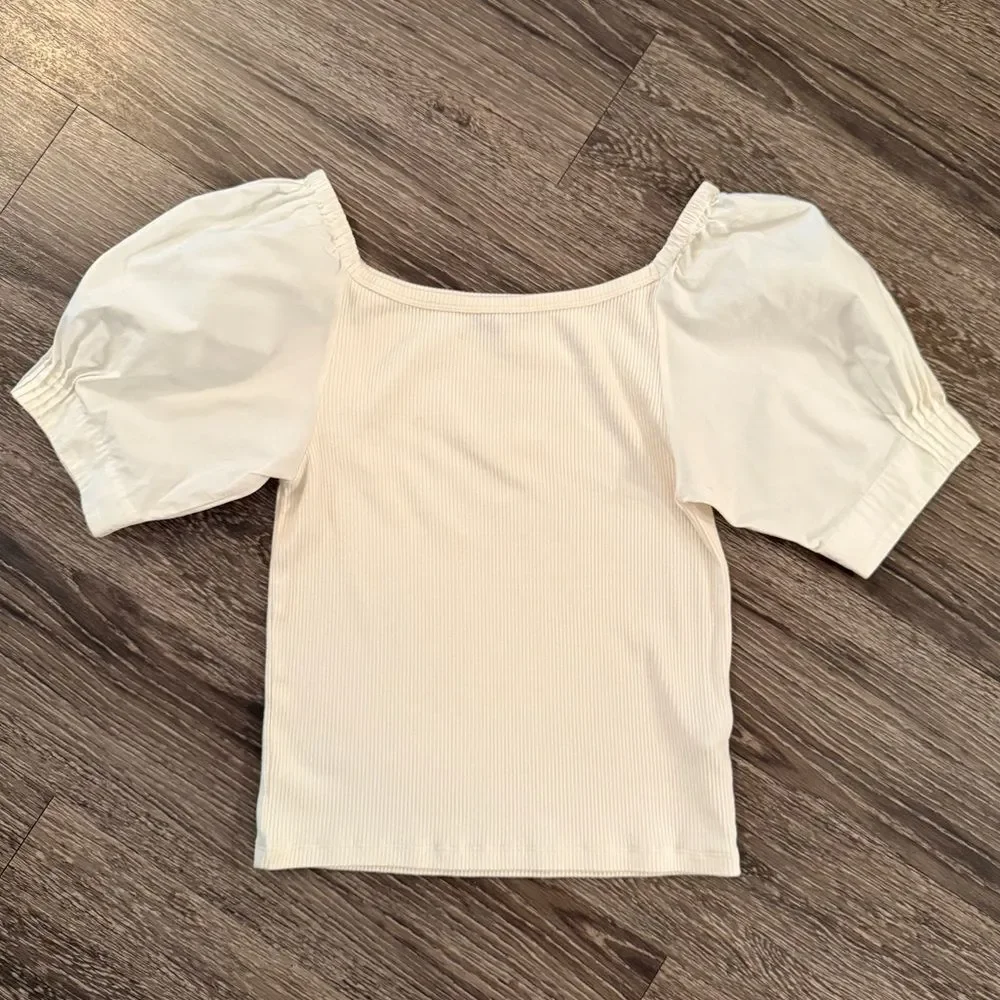 J. Crew Vintage rib top with cotton poplin puff sleeves