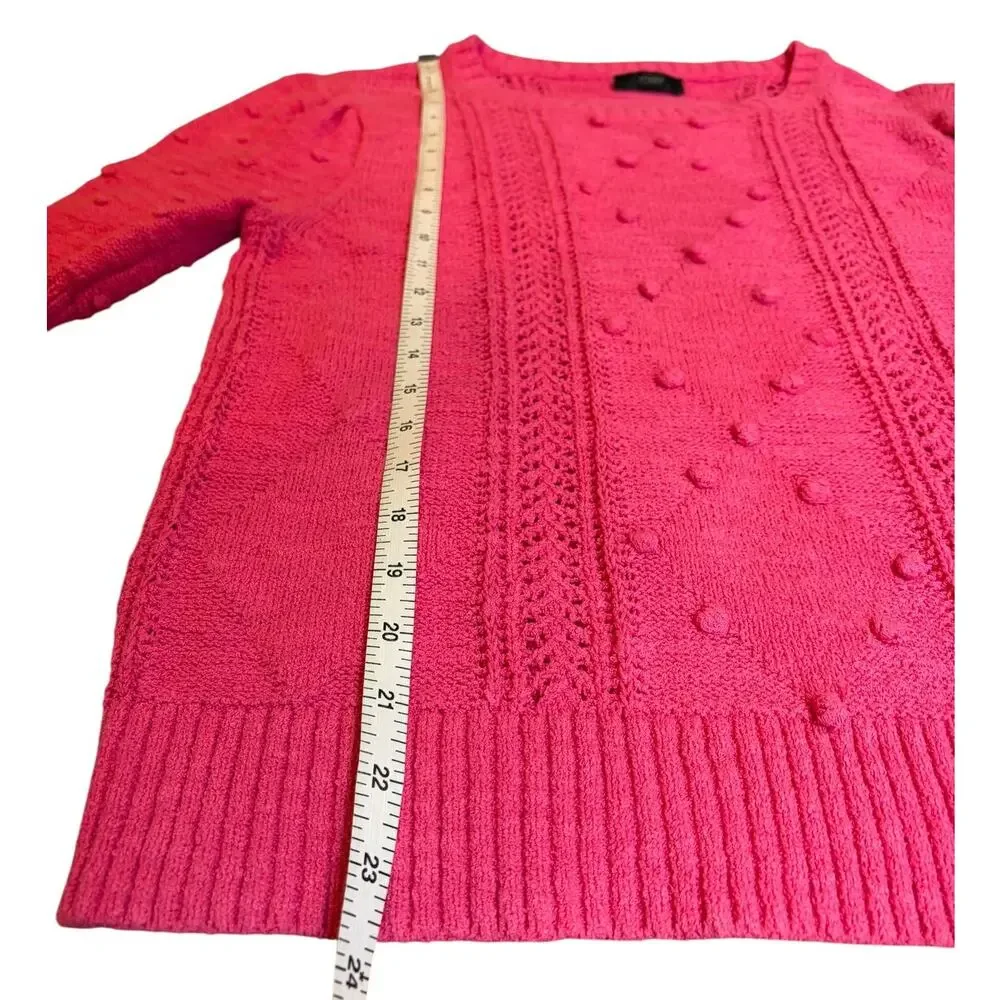 J. CREW Women's Short Sleeve Pointelle Sweater LARGE Pink Bobble Pom Open Knit