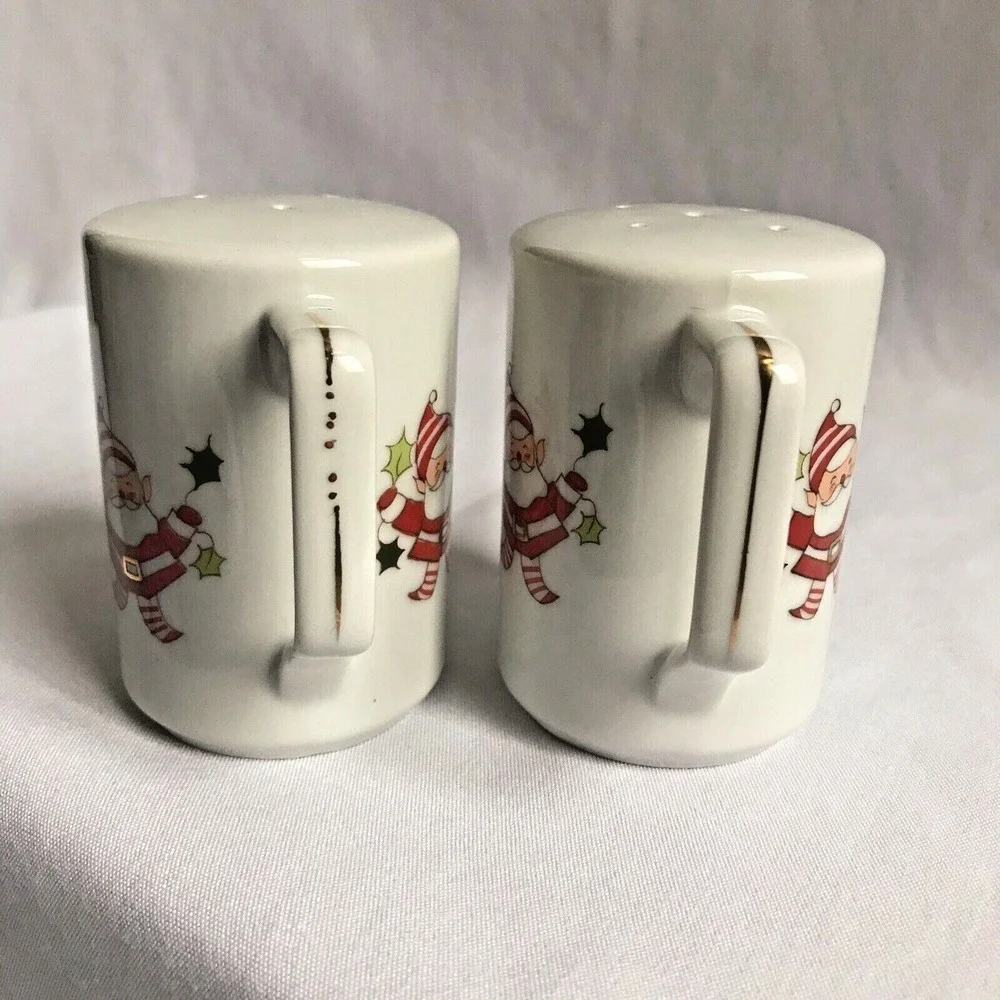 Santa Elf Salt and Pepper Shakers Japan MCM with handles Porcelain Christmas EUC