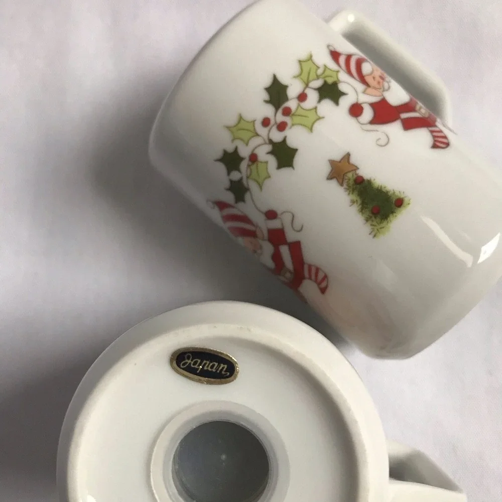 Santa Elf Salt and Pepper Shakers Japan MCM with handles Porcelain Christmas EUC