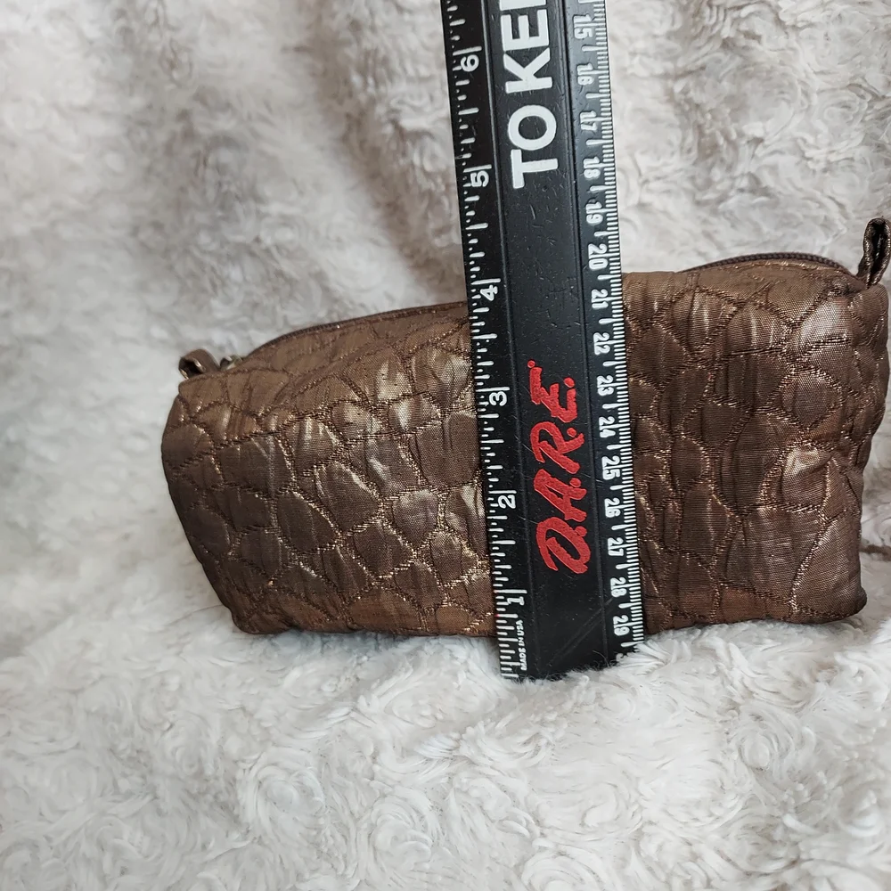Chic Lancome Bronze Brown Quilted Textured Cosmetic Bag Metallic