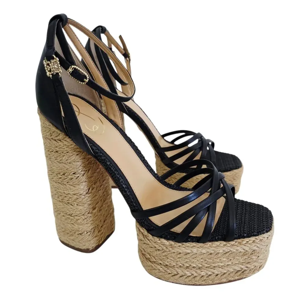 Sam Edelman Kade Black Leather & Jute Platform Espadrille Sandals Size 9