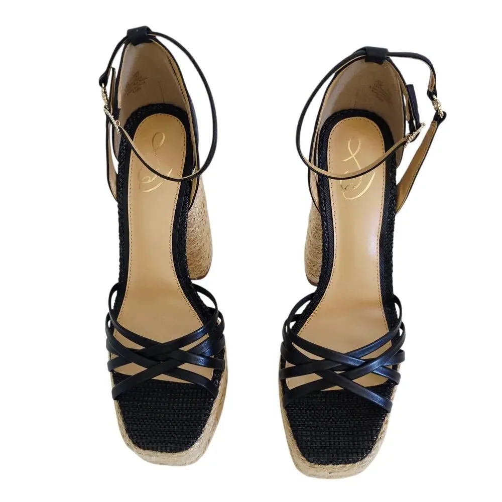 Sam Edelman Kade Black Leather & Jute Platform Espadrille Sandals Size 9