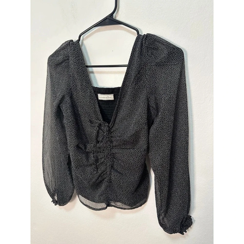 Abercrombie Fitch‎ Black White Polka Dot Ruched V Neck Long Sleeve Crop Top