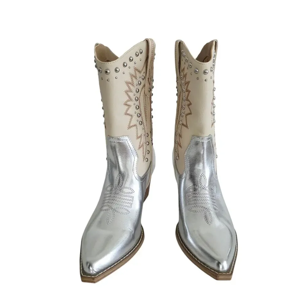 Dolce Vita Silver & Cream Beige Pointy Toe Studded Western Ankle Boots Size 8.5