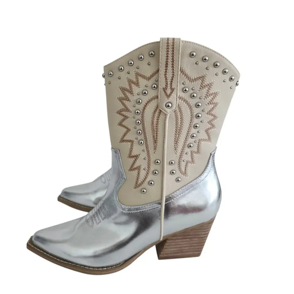 Dolce Vita Silver & Cream Beige Pointy Toe Studded Western Ankle Boots Size 8.5