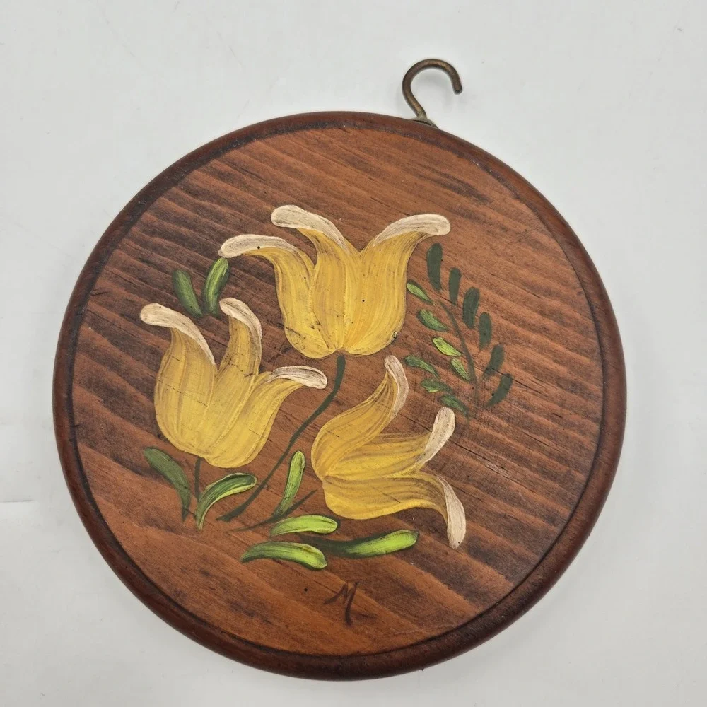 VTG Tole Hand Painted Grannycore Wooden‎ Wall Decor Hanging Yellow Flower Art