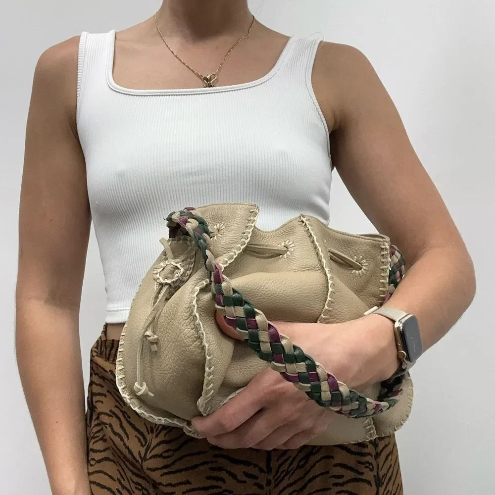 Valerie Steven’s Beige Leather Small Bucket Shoukder Bag Braided Leather Strap