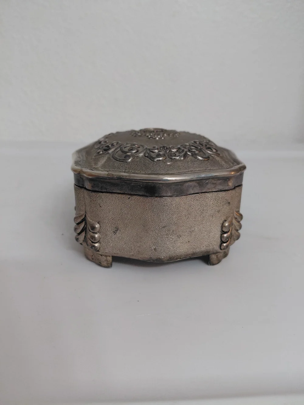 Vintage Jewelry Trinket Box Rose Design Silver Plated Footed