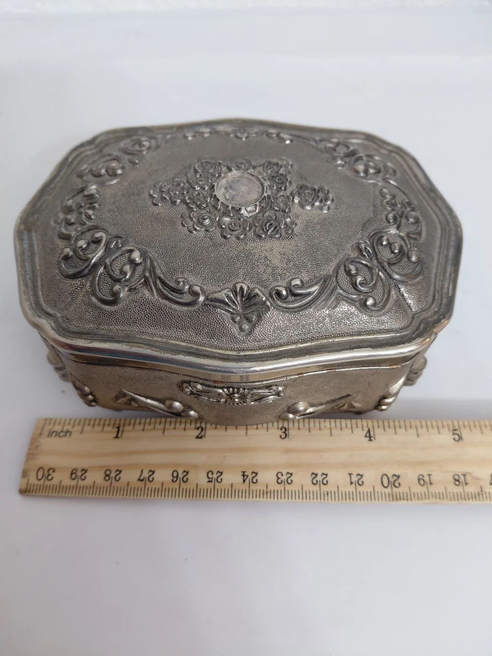Vintage Jewelry Trinket Box Rose Design Silver Plated Footed