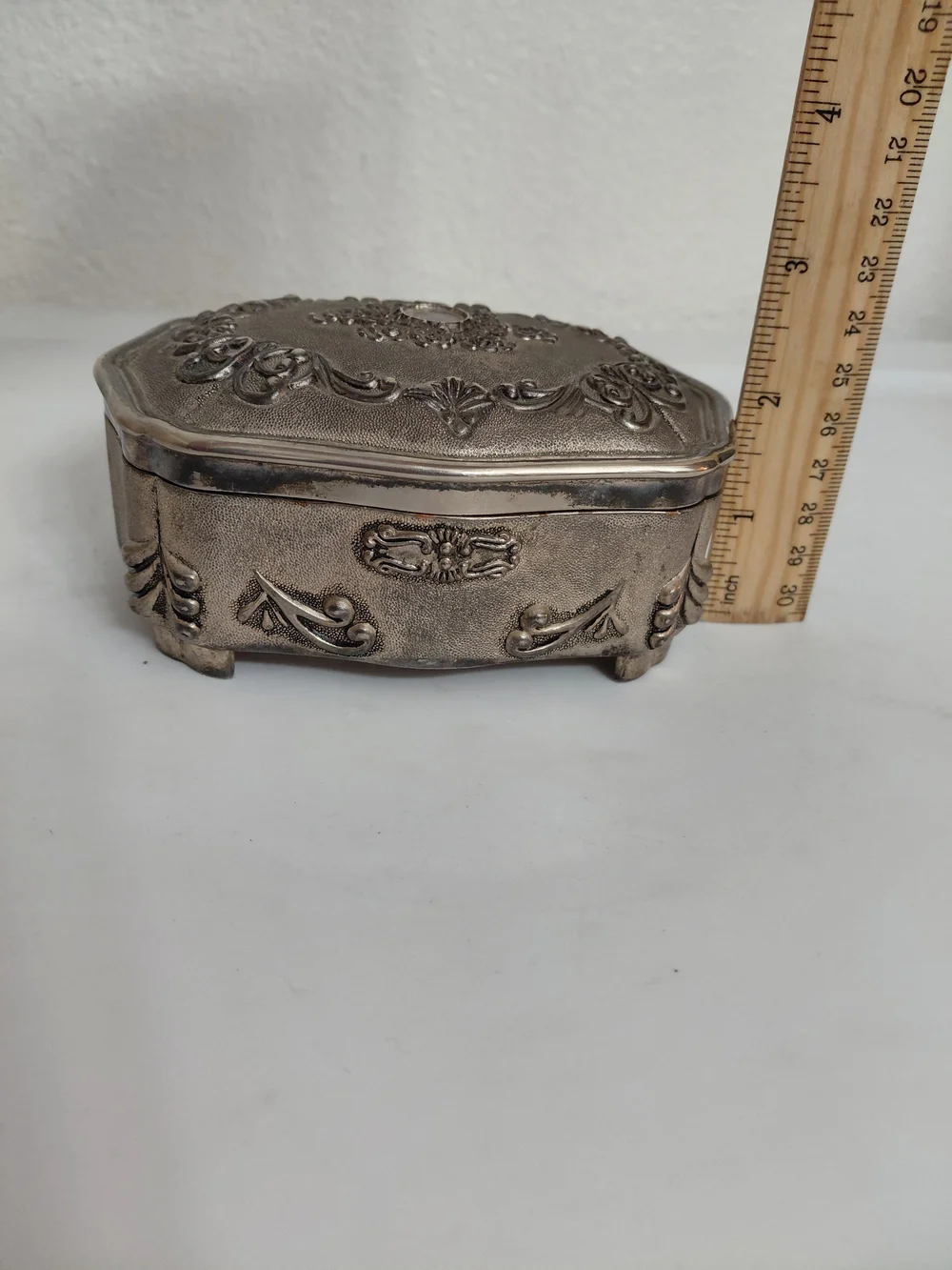 Vintage Jewelry Trinket Box Rose Design Silver Plated Footed