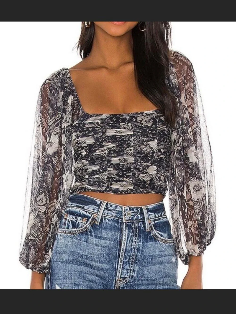 Free People Lilia Top Peasant Smocked Crop Baloon Sheer Sleeves Preppy Festival