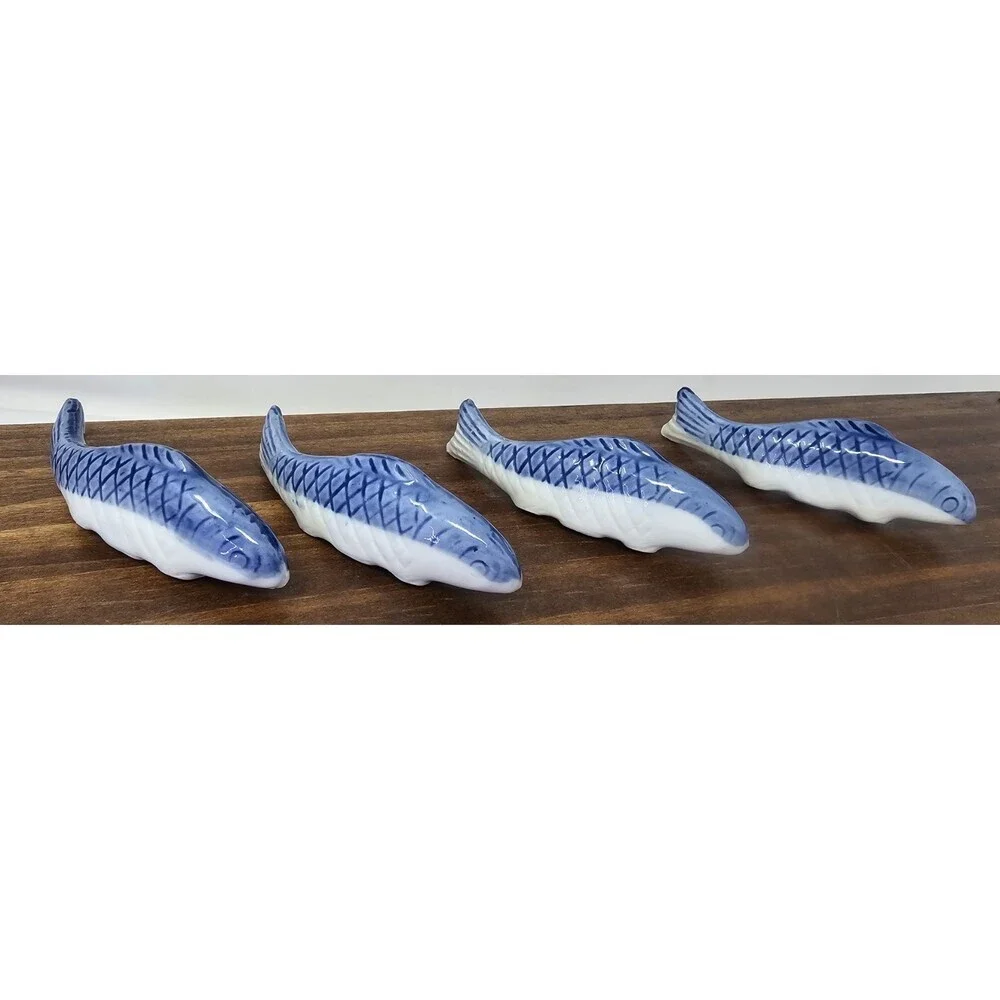 Japanese Porcelain Fish Chop Stick Rests Set of 4 Blue & White Asian 3.5” Length