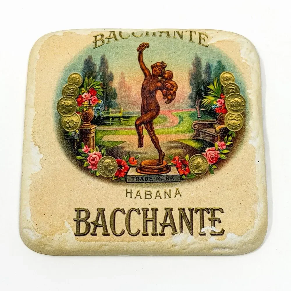 Vintage Stoneware Coaster Set Travel Cigar Label Style Havana Rome Darjeeling