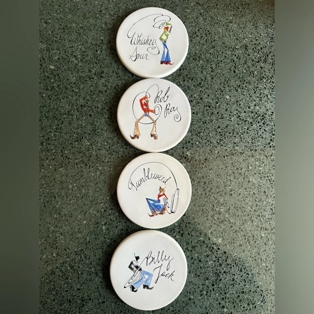 Pottery Barn Tie One On Cocktail Western Cowboy Ceramic Set of 4 Coasters