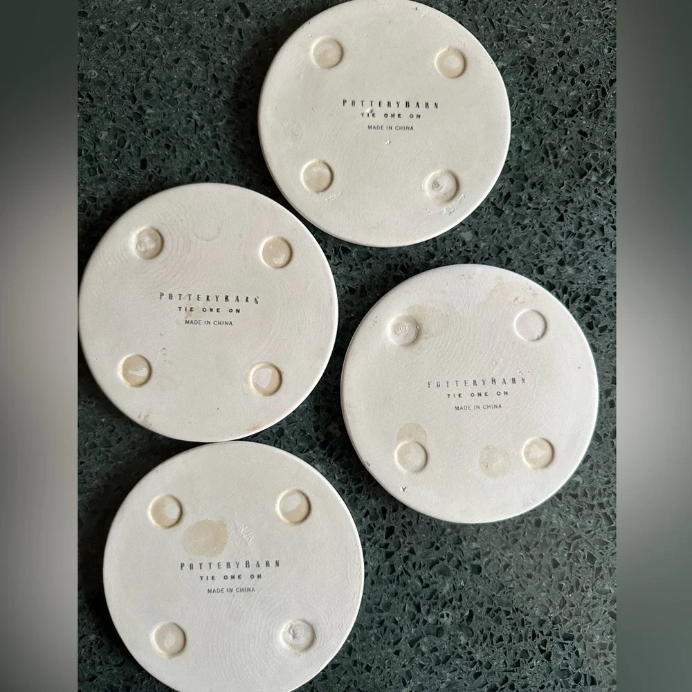 Pottery Barn Tie One On Cocktail Western Cowboy Ceramic Set of 4 Coasters