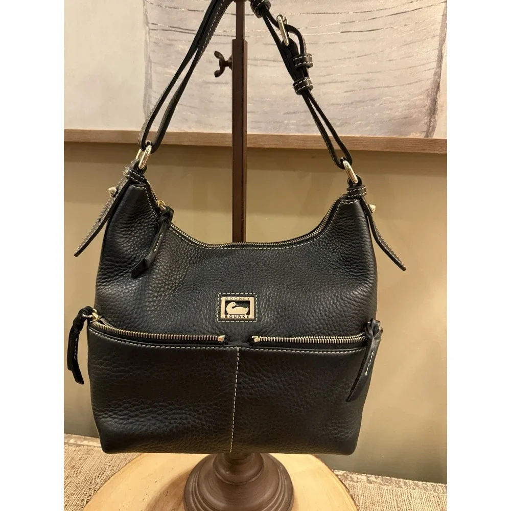 Dooney‎ & Bourke Dillen Double Pocket Black Pebbled Leather Hobo Bag & Wallet