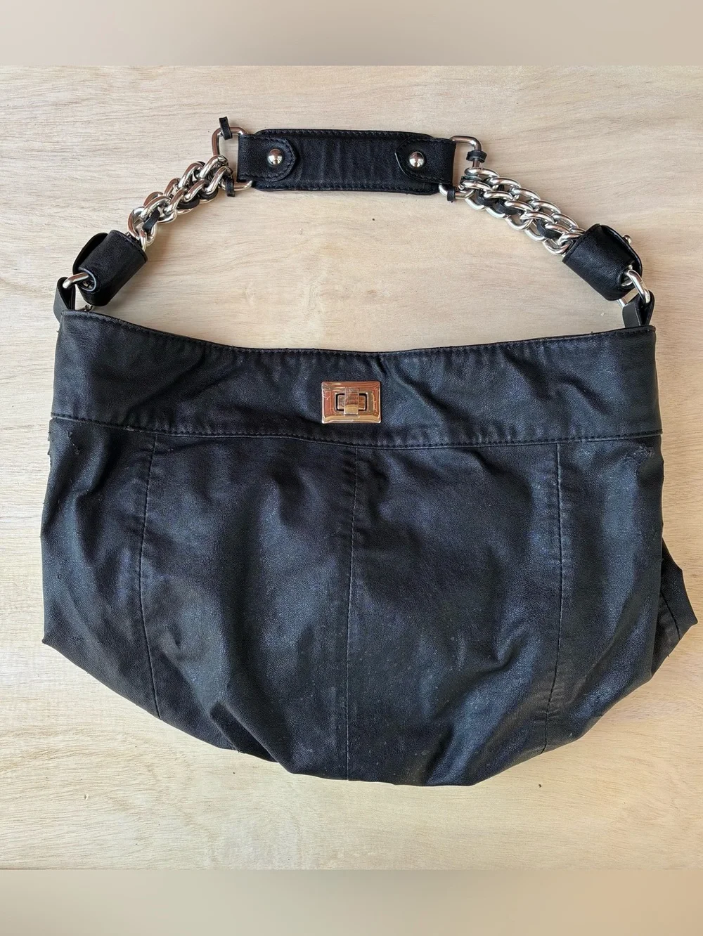 Zara Interlocking Enclosure Slochy Leather Tote Bag Black Chain Handle