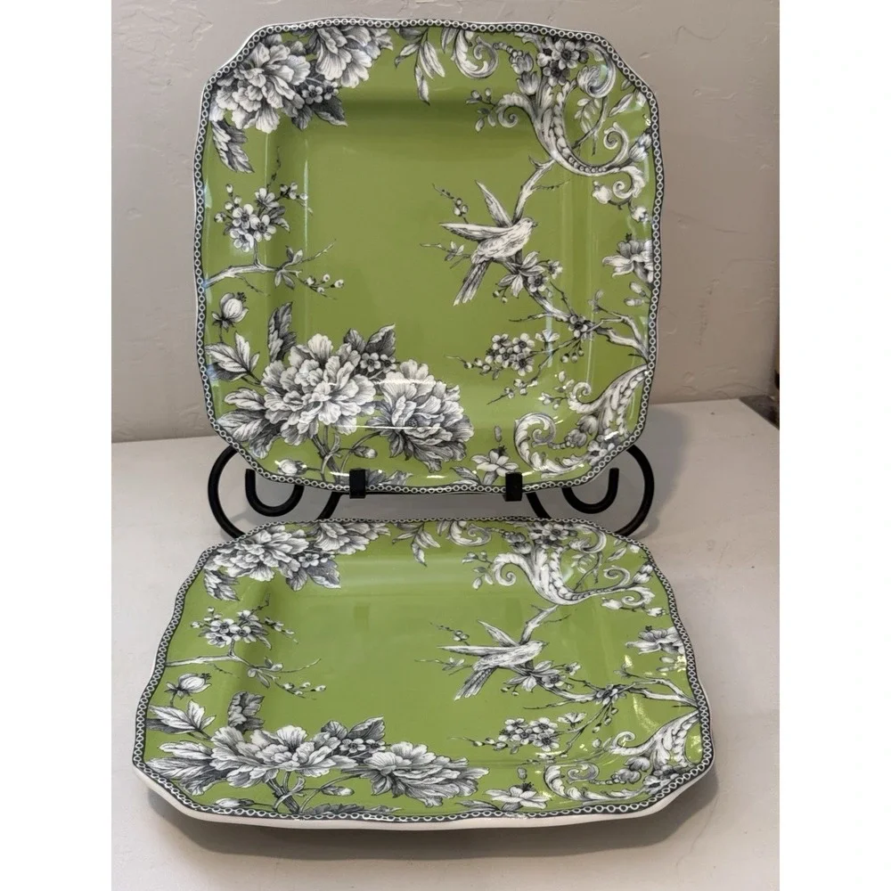 222 Fifth Adelaide Sage Green Dinner Plates Set Of 2 Bird Floral Design 11